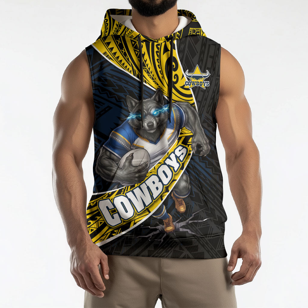 North Queensland Cowboys Rugby Sleeveless Hoodie Tribal Polynesian Power Art - Lightning Mascot