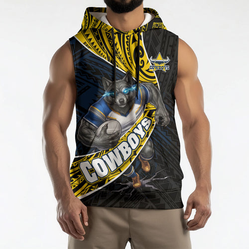 North Queensland Cowboys Rugby Sleeveless Hoodie Tribal Polynesian Power Art - Lightning Mascot
