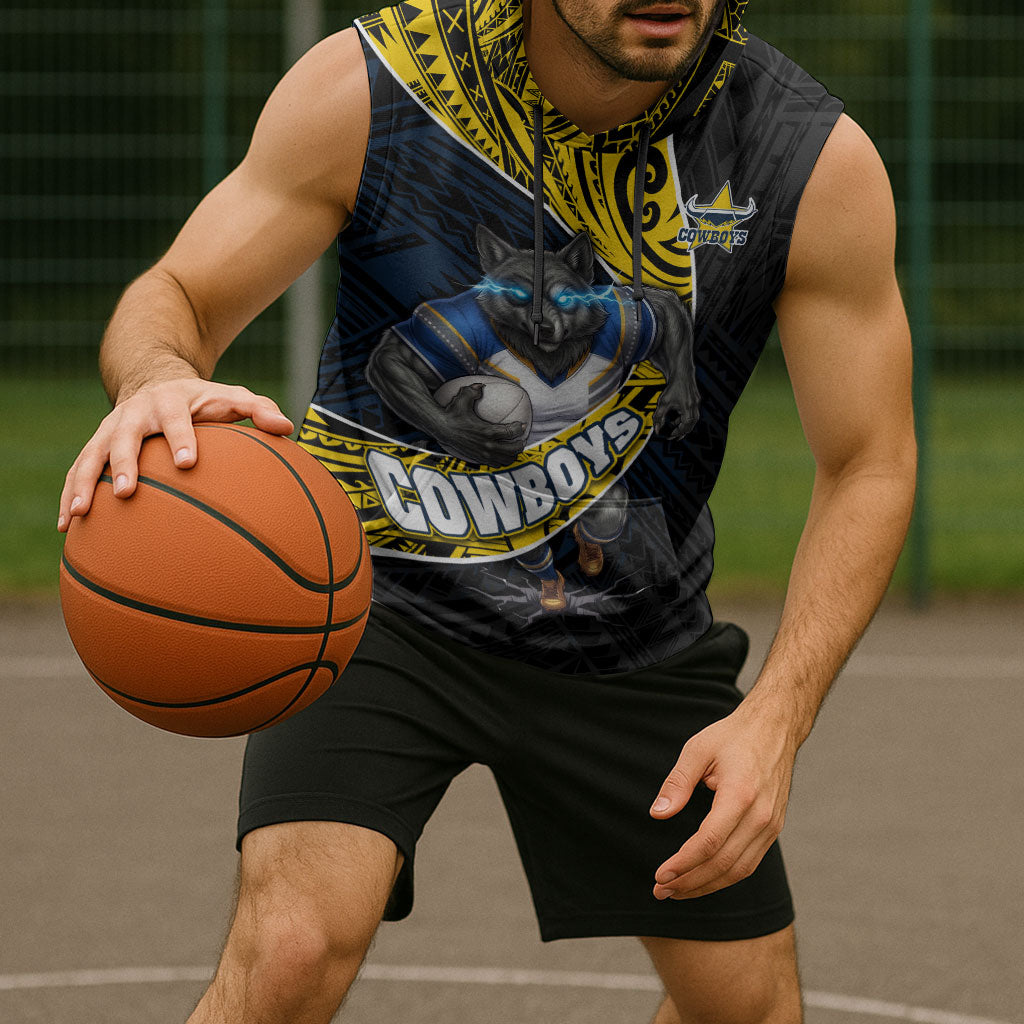 North Queensland Cowboys Rugby Sleeveless Hoodie Tribal Polynesian Power Art - Lightning Mascot