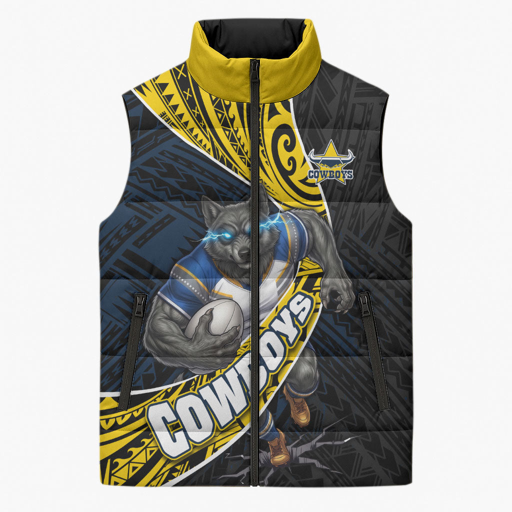 North Queensland Cowboys Rugby Sleeveless Puffer Jacket Tribal Polynesian Power Art - Lightning Mascot