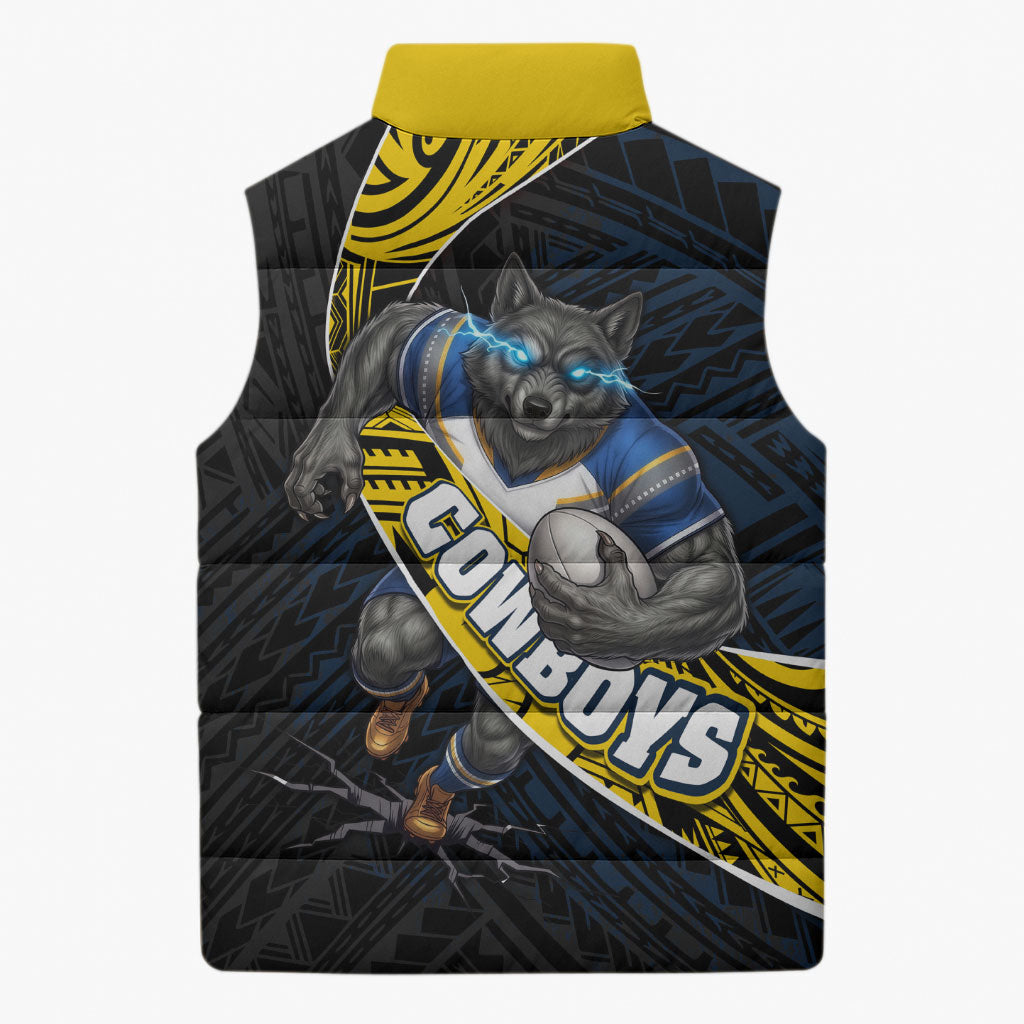 North Queensland Cowboys Rugby Sleeveless Puffer Jacket Tribal Polynesian Power Art - Lightning Mascot