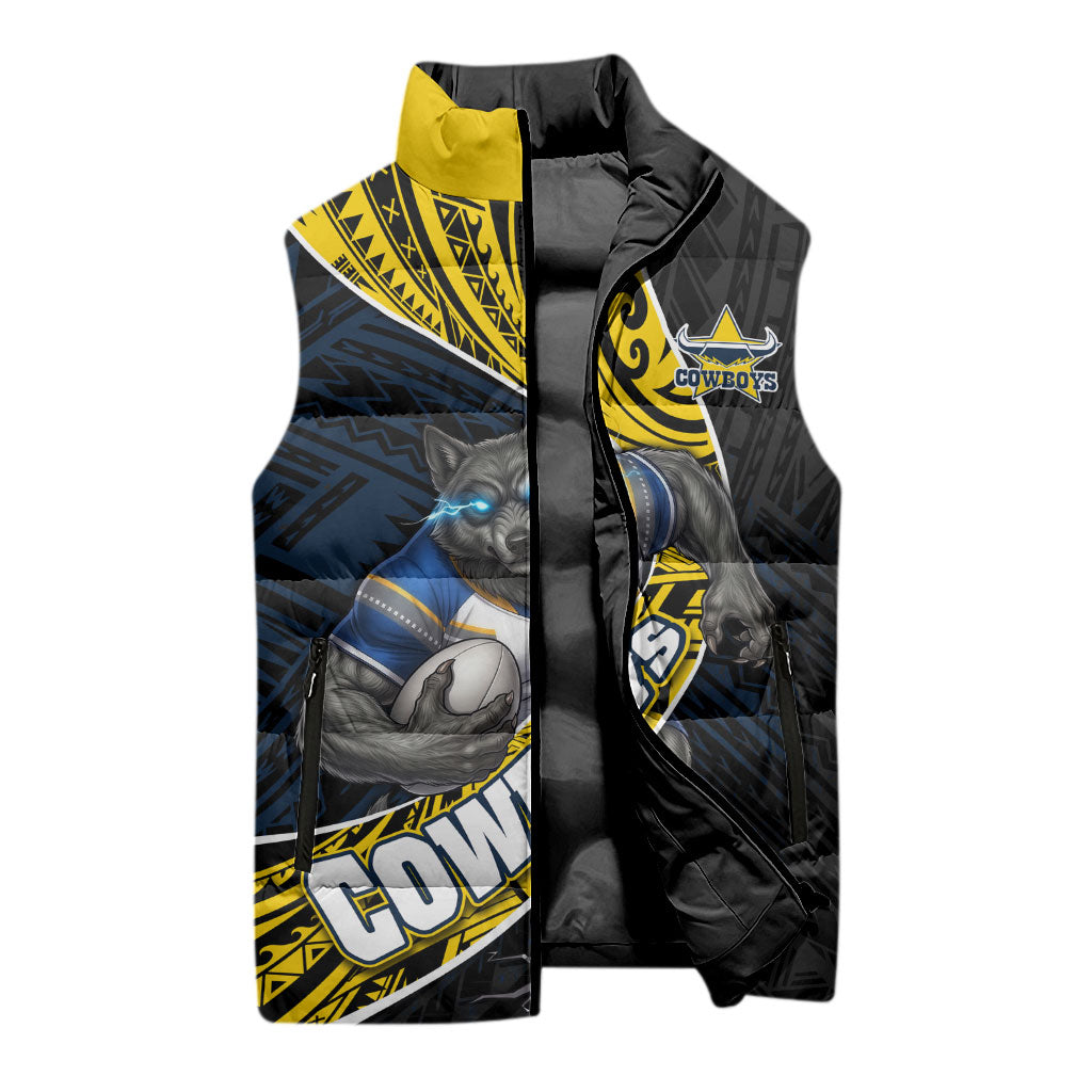 North Queensland Cowboys Rugby Sleeveless Puffer Jacket Tribal Polynesian Power Art - Lightning Mascot