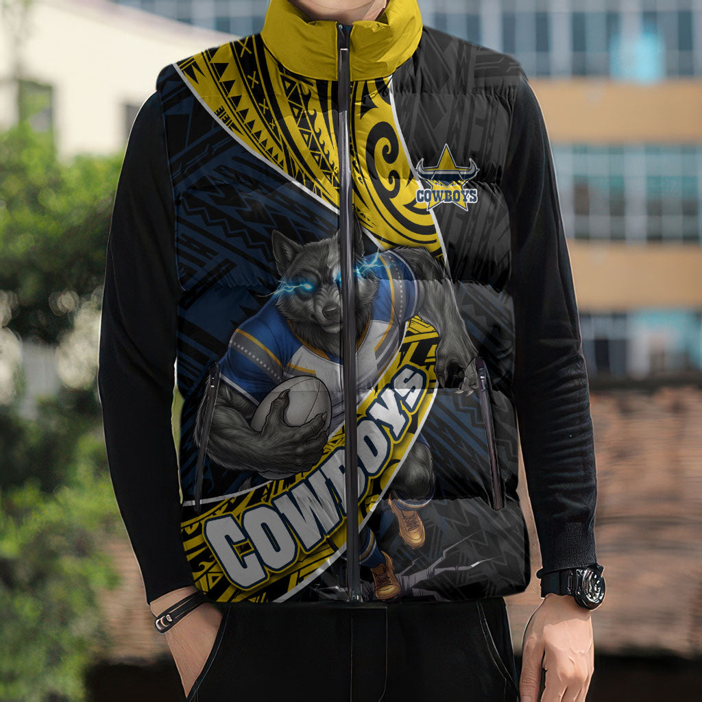 North Queensland Cowboys Rugby Sleeveless Puffer Jacket Tribal Polynesian Power Art - Lightning Mascot