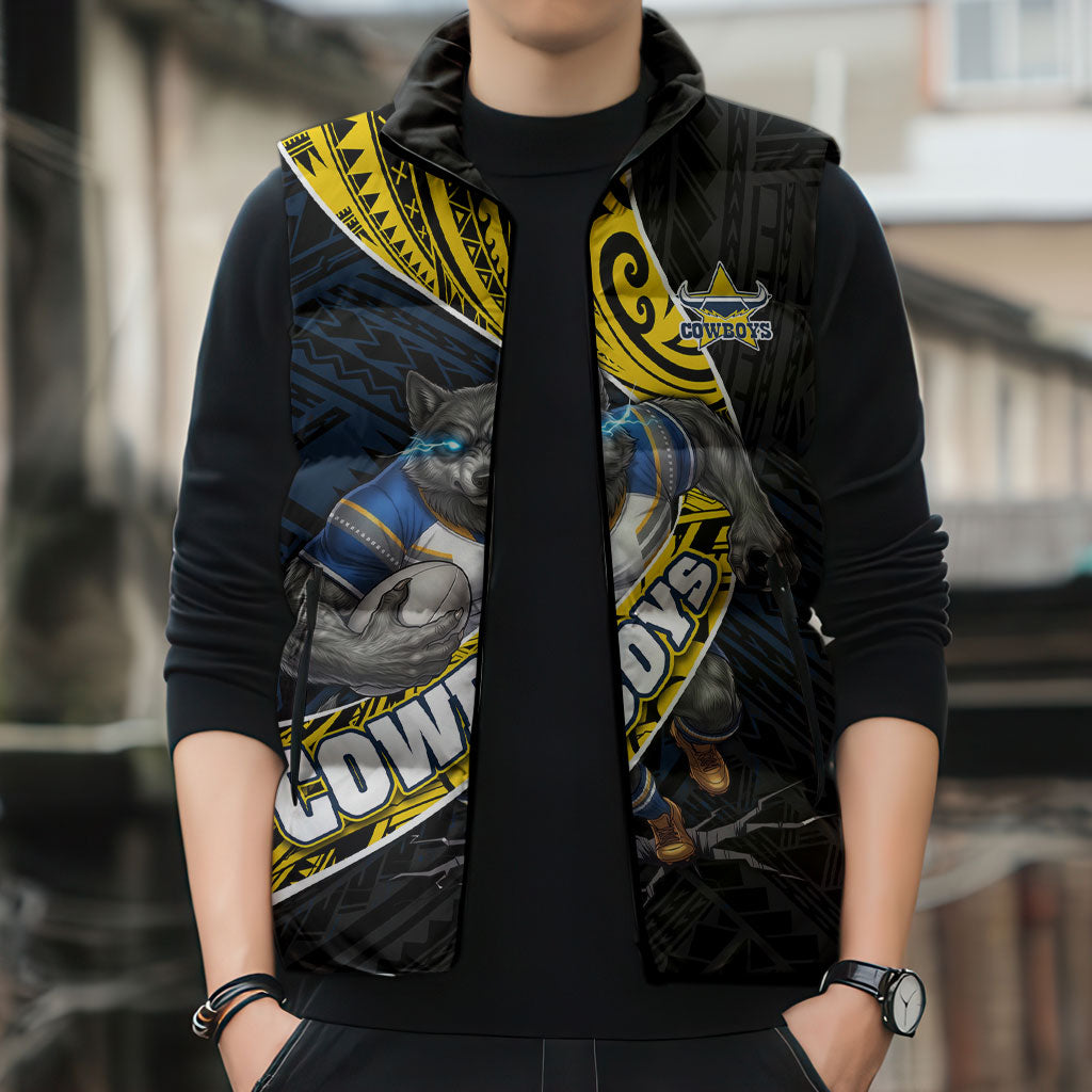 North Queensland Cowboys Rugby Sleeveless Puffer Jacket Tribal Polynesian Power Art - Lightning Mascot