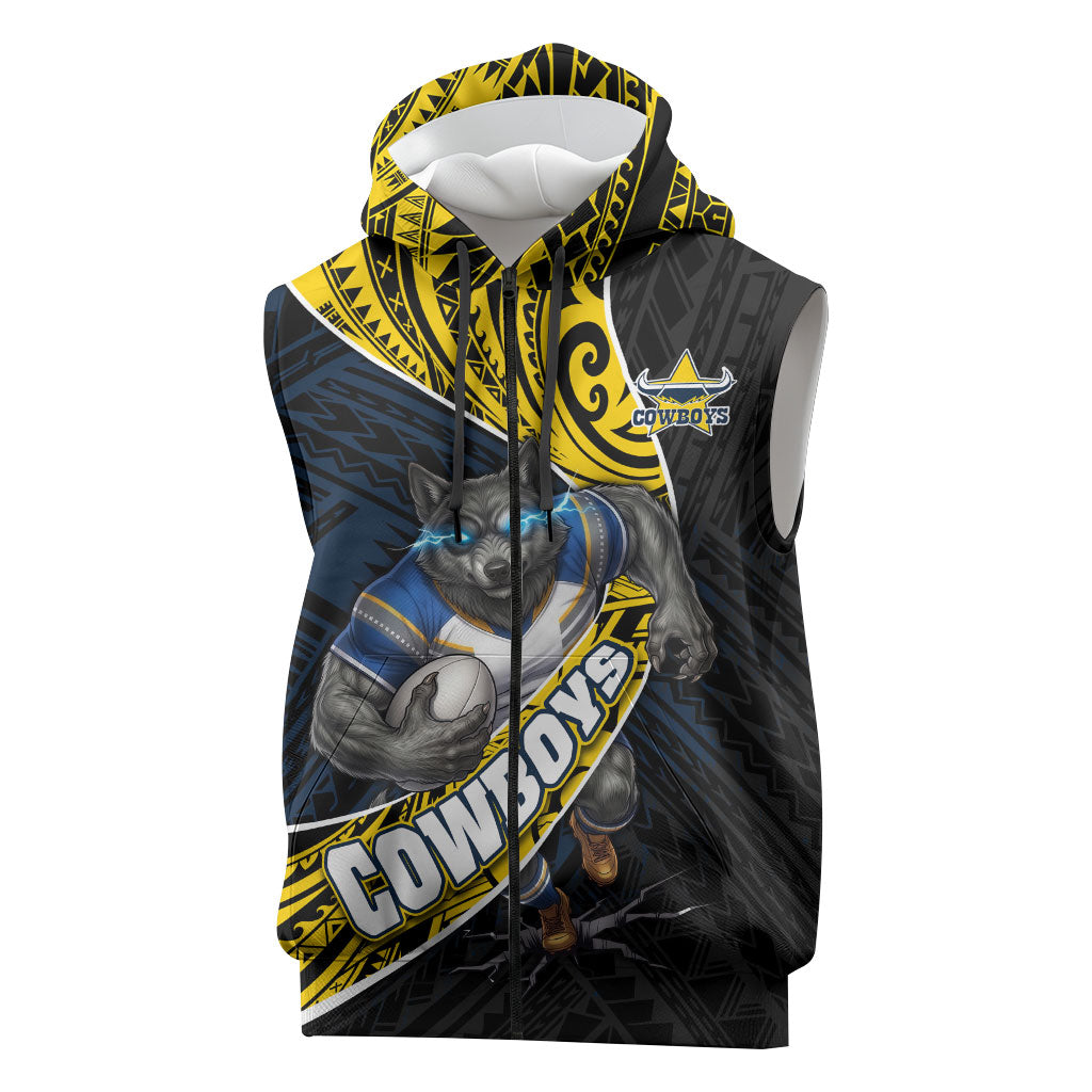 North Queensland Cowboys Rugby Sleeveless Zip Hoodie Tribal Polynesian Power Art - Lightning Mascot