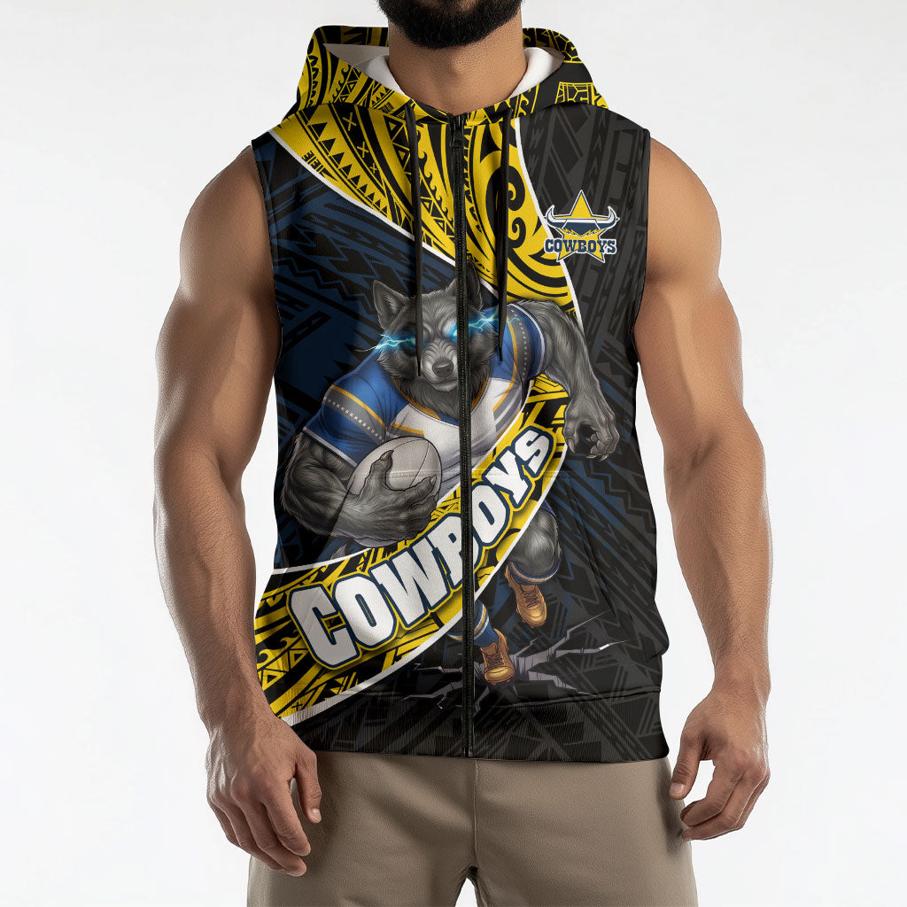 North Queensland Cowboys Rugby Sleeveless Zip Hoodie Tribal Polynesian Power Art - Lightning Mascot