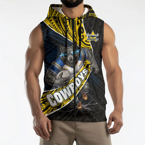 North Queensland Cowboys Rugby Sleeveless Zip Hoodie Tribal Polynesian Power Art - Lightning Mascot