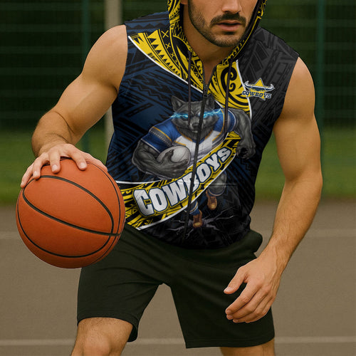 North Queensland Cowboys Rugby Sleeveless Zip Hoodie Tribal Polynesian Power Art - Lightning Mascot