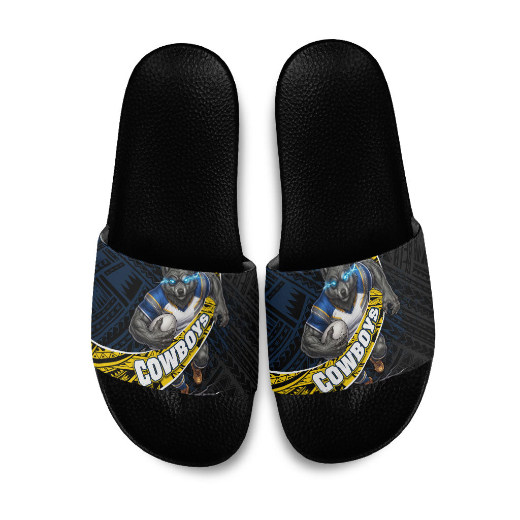 North Queensland Cowboys Rugby Slide Sandals Tribal Polynesian Power Art - Lightning Mascot