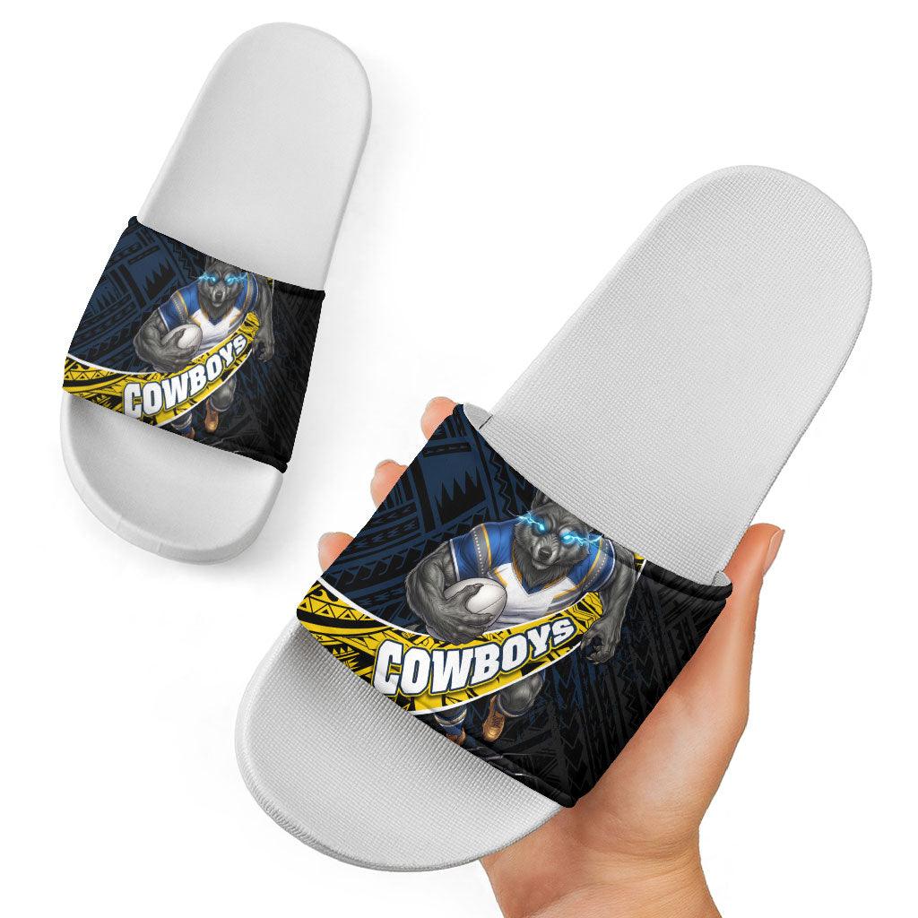 North Queensland Cowboys Rugby Slide Sandals Tribal Polynesian Power Art - Lightning Mascot
