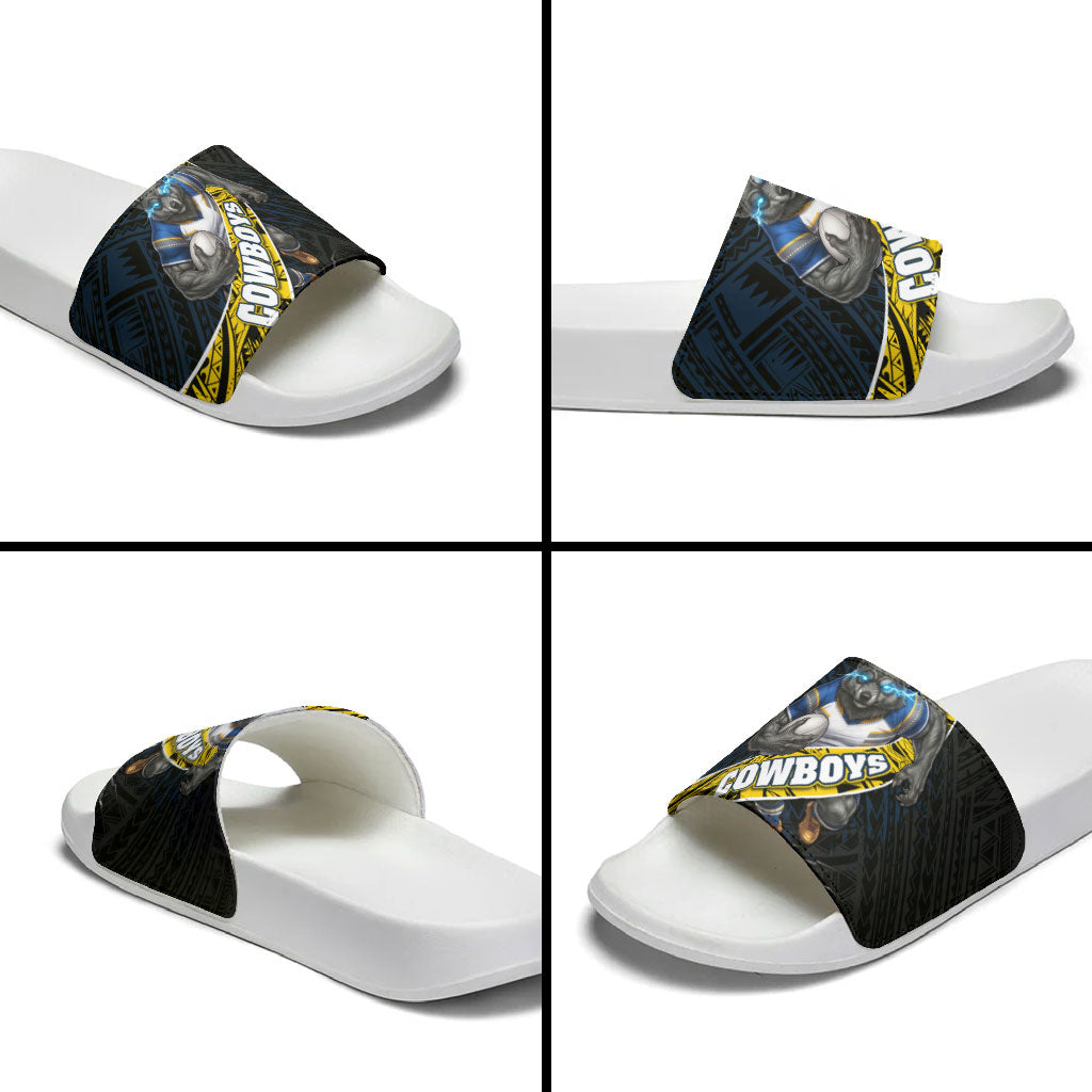 North Queensland Cowboys Rugby Slide Sandals Tribal Polynesian Power Art - Lightning Mascot