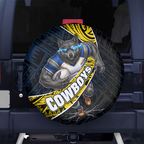 North Queensland Cowboys Rugby Spare Tire Cover Tribal Polynesian Power Art - Lightning Mascot