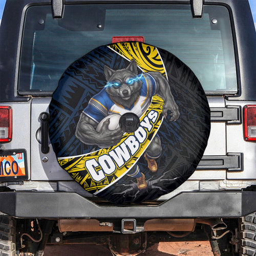 North Queensland Cowboys Rugby Spare Tire Cover Tribal Polynesian Power Art - Lightning Mascot