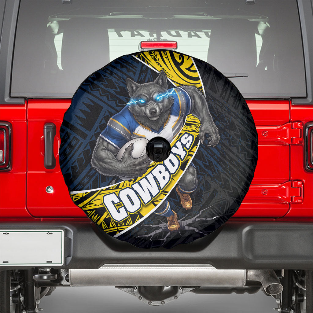 North Queensland Cowboys Rugby Spare Tire Cover Tribal Polynesian Power Art - Lightning Mascot