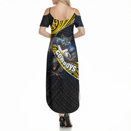 North Queensland Cowboys Rugby Summer Maxi Dress Tribal Polynesian Power Art - Lightning Mascot