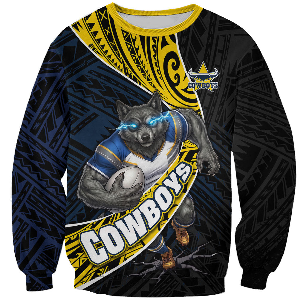 North Queensland Cowboys Rugby Sweatshirt Tribal Polynesian Power Art - Lightning Mascot