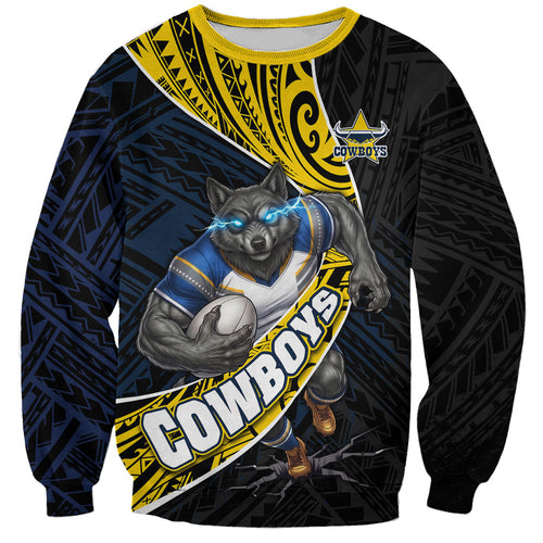 North Queensland Cowboys Rugby Sweatshirt Tribal Polynesian Power Art - Lightning Mascot