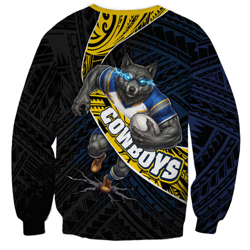 North Queensland Cowboys Rugby Sweatshirt Tribal Polynesian Power Art - Lightning Mascot