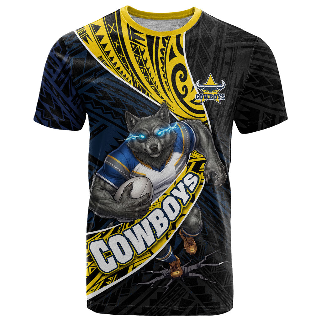 North Queensland Cowboys Rugby T Shirt Tribal Polynesian Power Art - Lightning Mascot