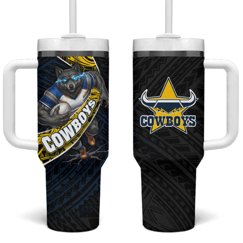 North Queensland Cowboys Rugby Tumbler With Handle Tribal Polynesian Power Art - Lightning Mascot