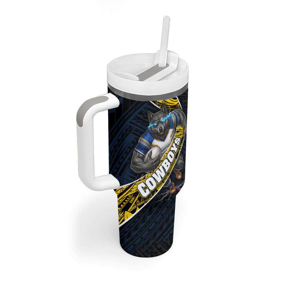 North Queensland Cowboys Rugby Tumbler With Handle Tribal Polynesian Power Art - Lightning Mascot