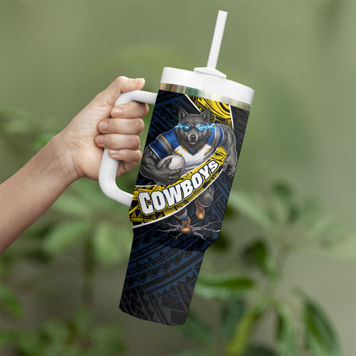 North Queensland Cowboys Rugby Tumbler With Handle Tribal Polynesian Power Art - Lightning Mascot