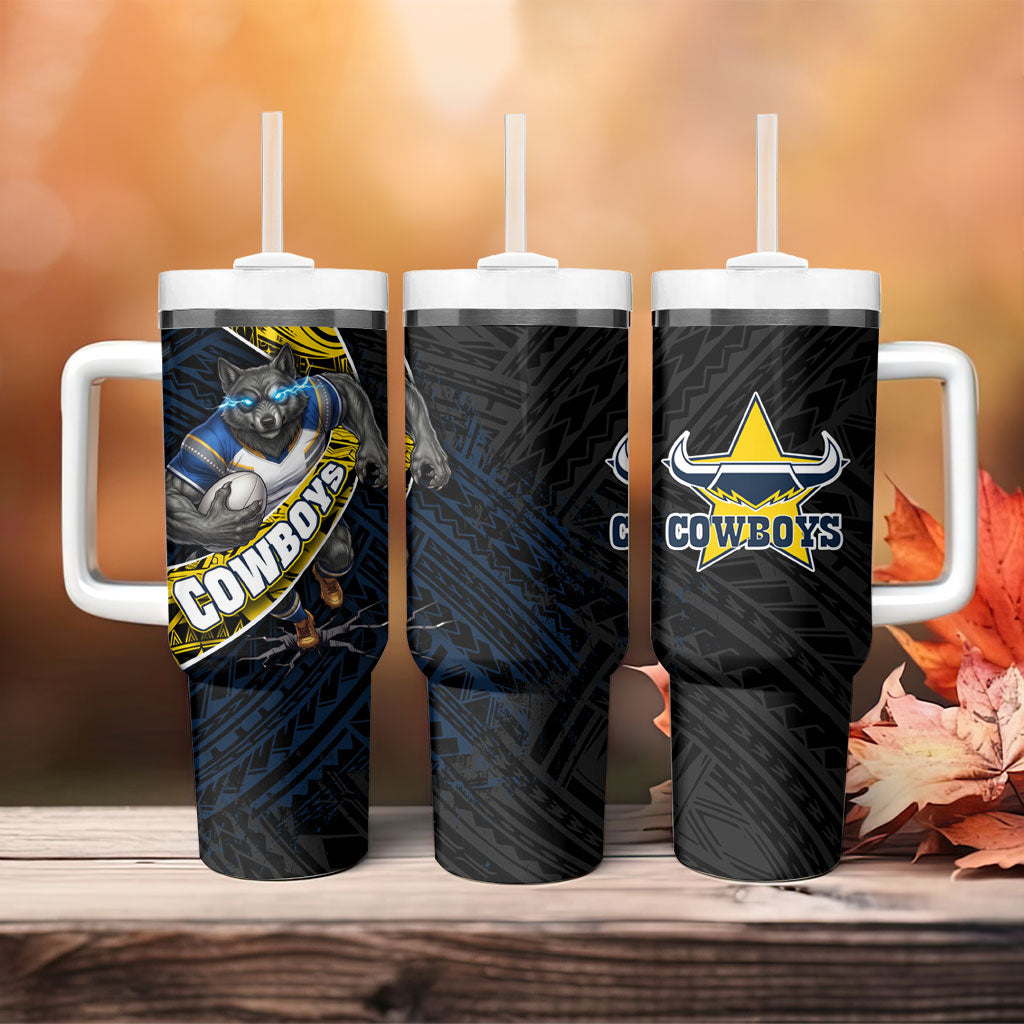 North Queensland Cowboys Rugby Tumbler With Handle Tribal Polynesian Power Art - Lightning Mascot