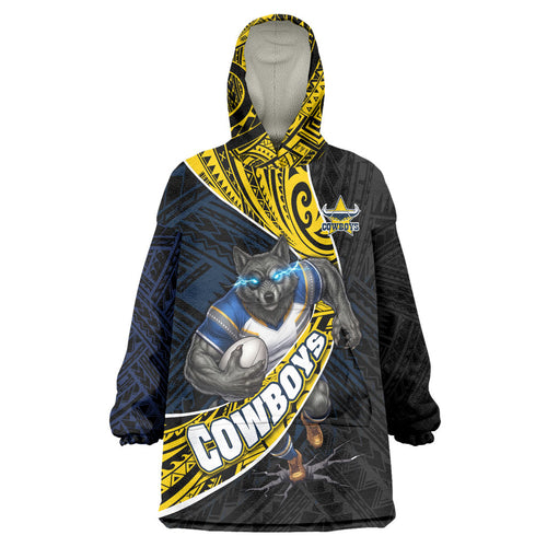 North Queensland Cowboys Rugby Wearable Blanket Hoodie Tribal Polynesian Power Art - Lightning Mascot