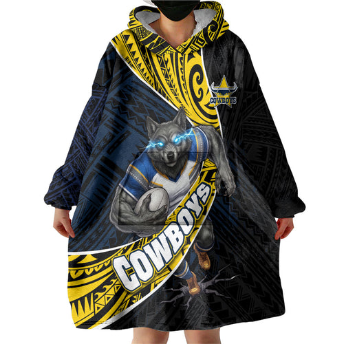 North Queensland Cowboys Rugby Wearable Blanket Hoodie Tribal Polynesian Power Art - Lightning Mascot