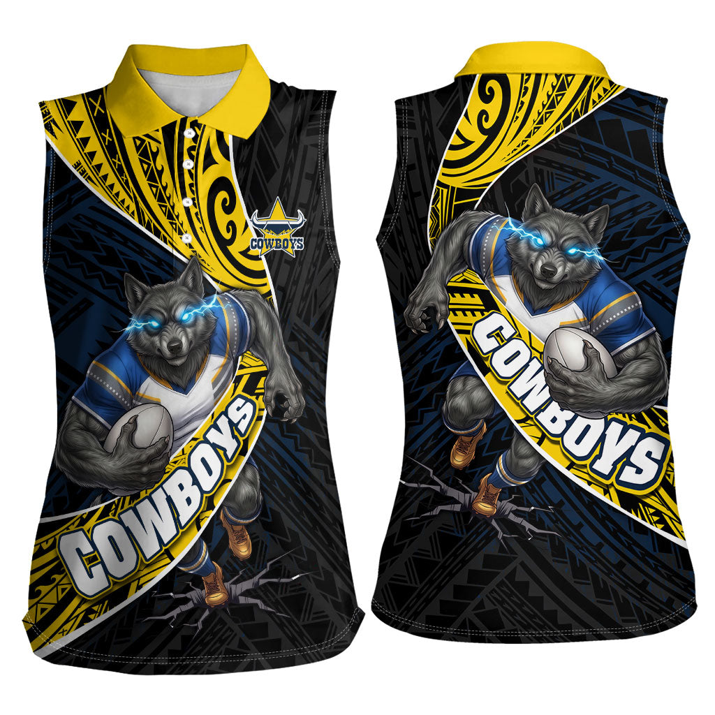 North Queensland Cowboys Rugby Women Sleeveless Polo Shirt Tribal Polynesian Power Art - Lightning Mascot