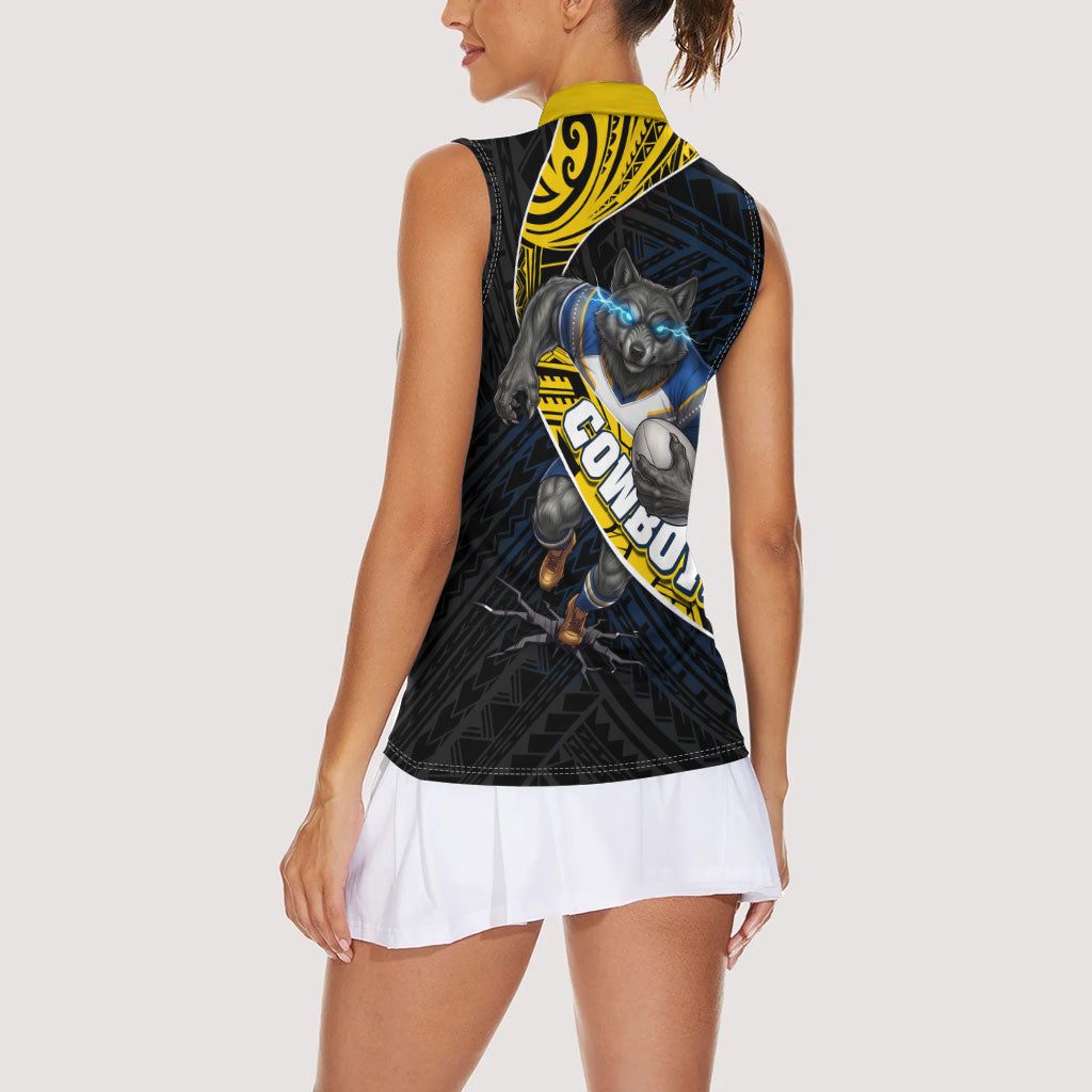 North Queensland Cowboys Rugby Women Sleeveless Polo Shirt Tribal Polynesian Power Art - Lightning Mascot