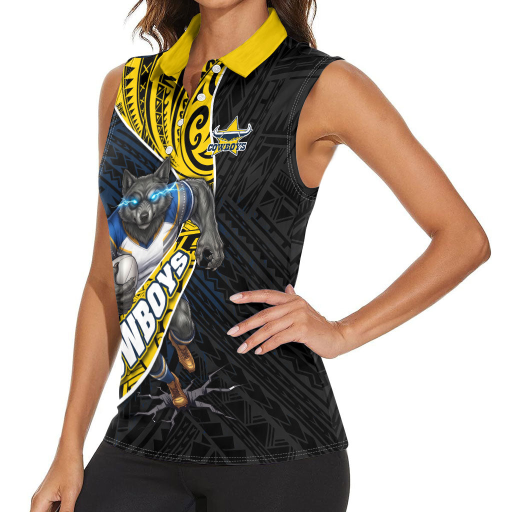 North Queensland Cowboys Rugby Women Sleeveless Polo Shirt Tribal Polynesian Power Art - Lightning Mascot