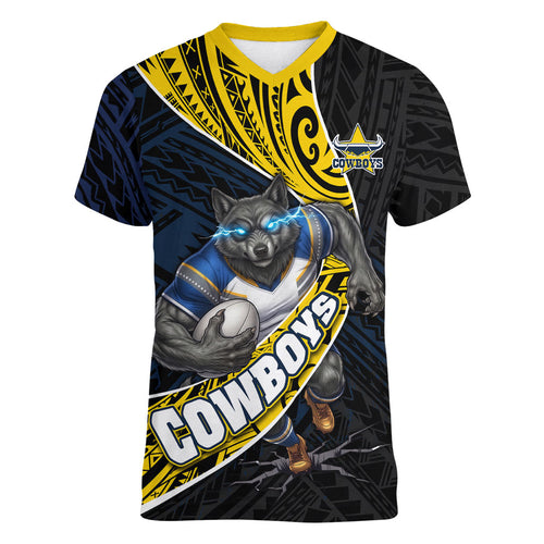 North Queensland Cowboys Rugby Women V-Neck T-Shirt Tribal Polynesian Power Art - Lightning Mascot