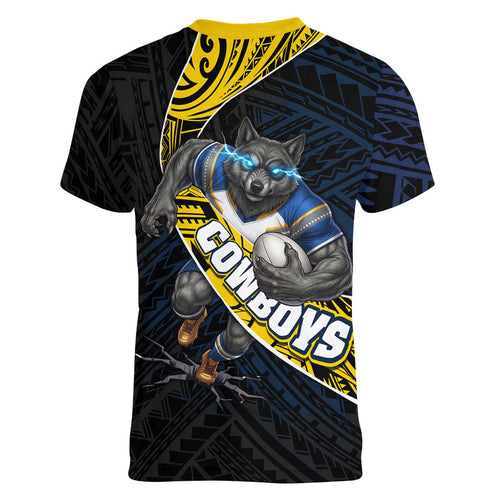 North Queensland Cowboys Rugby Women V-Neck T-Shirt Tribal Polynesian Power Art - Lightning Mascot