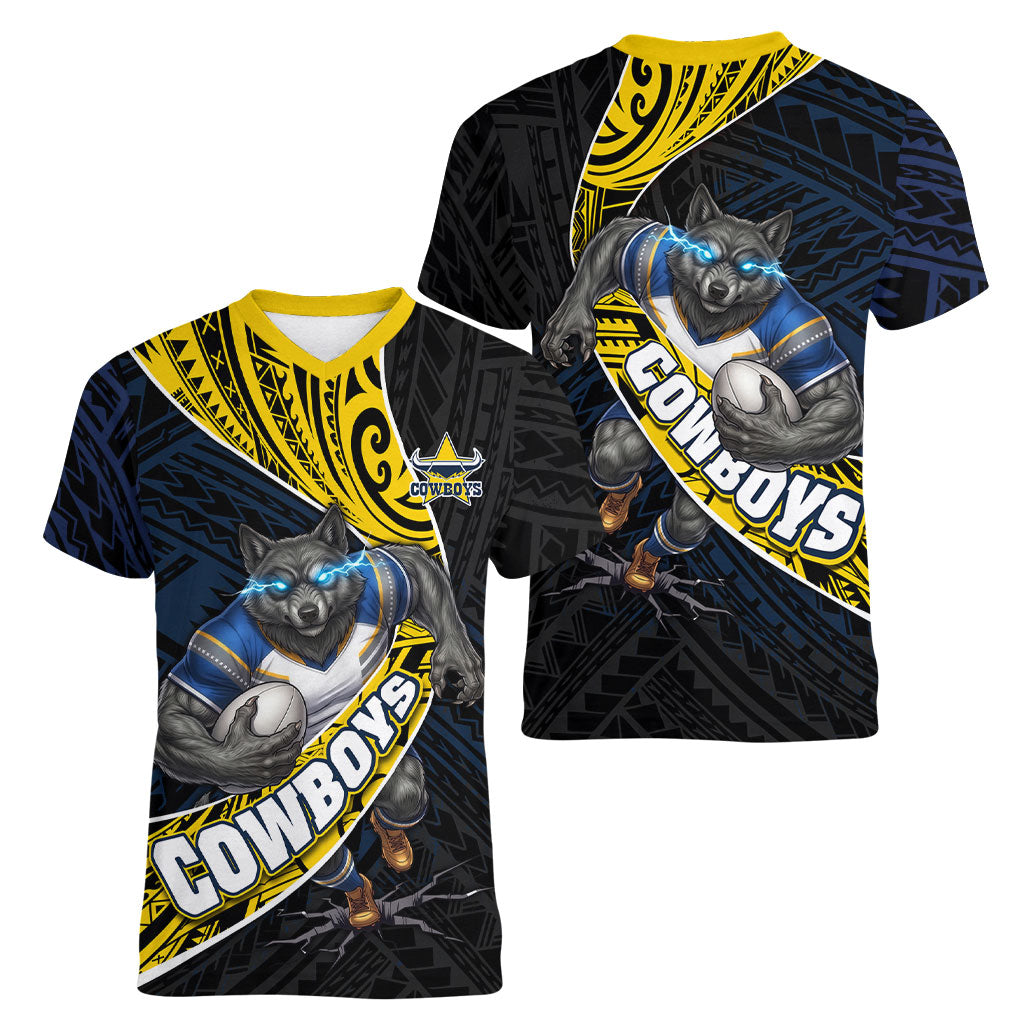 North Queensland Cowboys Rugby Women V-Neck T-Shirt Tribal Polynesian Power Art - Lightning Mascot
