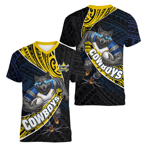 North Queensland Cowboys Rugby Women V-Neck T-Shirt Tribal Polynesian Power Art - Lightning Mascot