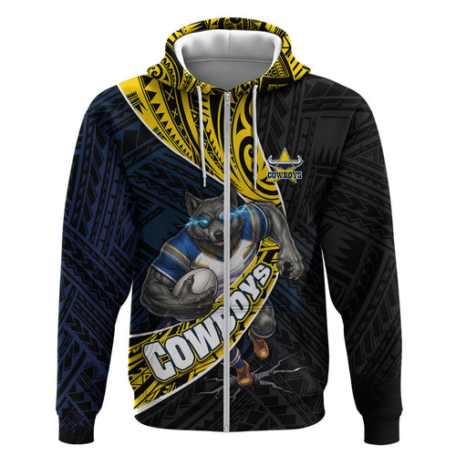 North Queensland Cowboys Rugby Zip Hoodie Tribal Polynesian Power Art - Lightning Mascot