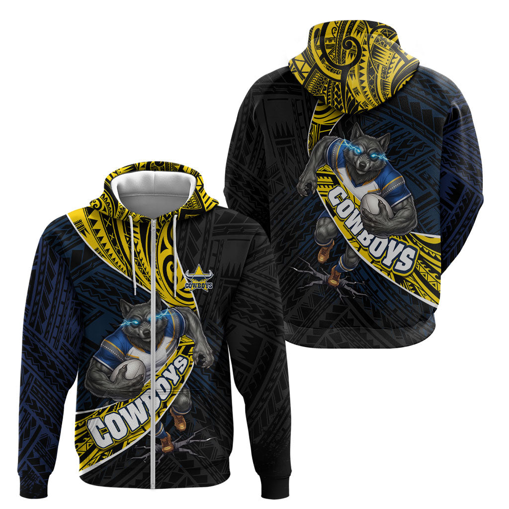North Queensland Cowboys Rugby Zip Hoodie Tribal Polynesian Power Art - Lightning Mascot