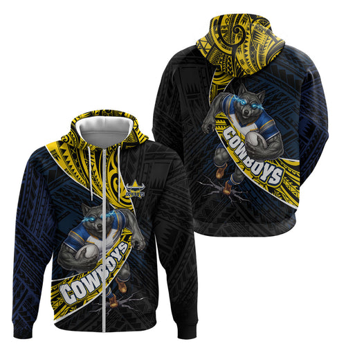 North Queensland Cowboys Rugby Zip Hoodie Tribal Polynesian Power Art - Lightning Mascot
