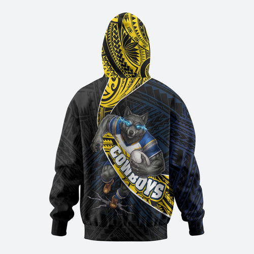 North Queensland Cowboys Rugby Zip Hoodie Tribal Polynesian Power Art - Lightning Mascot