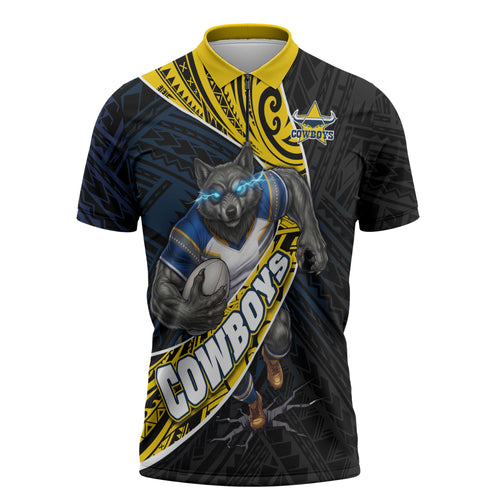 North Queensland Cowboys Rugby Zipper Polo Shirt Tribal Polynesian Power Art - Lightning Mascot