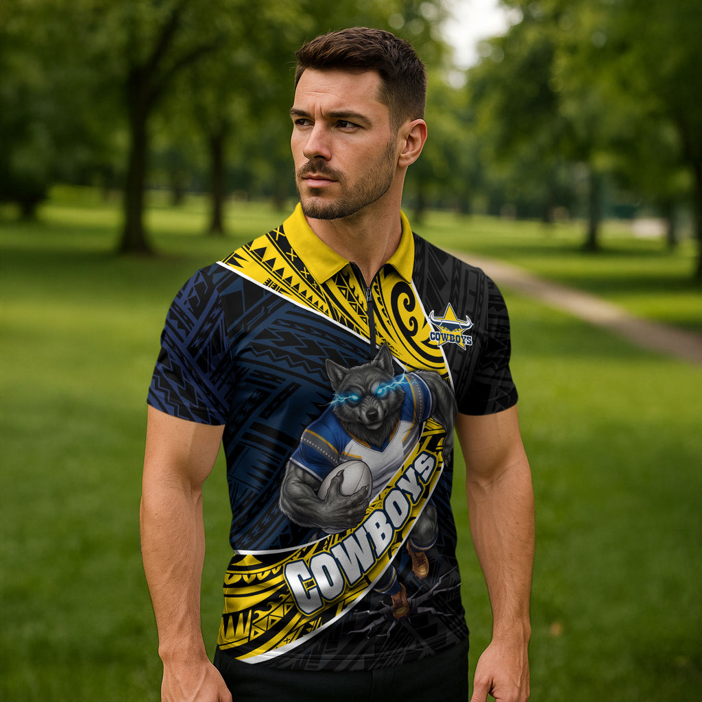 North Queensland Cowboys Rugby Zipper Polo Shirt Tribal Polynesian Power Art - Lightning Mascot