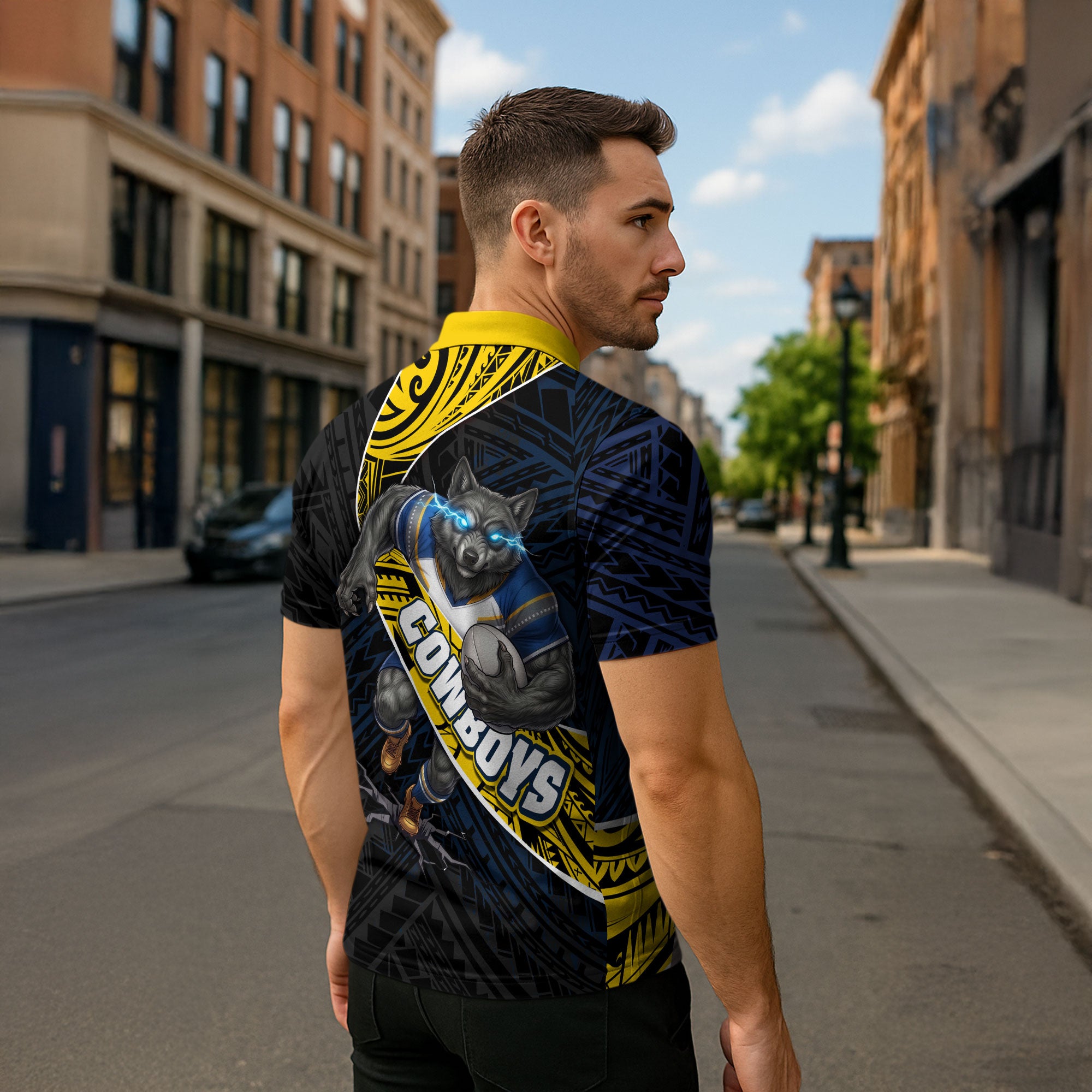 North Queensland Cowboys Rugby Zipper Polo Shirt Tribal Polynesian Power Art - Lightning Mascot