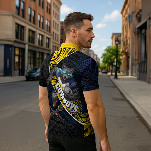North Queensland Cowboys Rugby Zipper Polo Shirt Tribal Polynesian Power Art - Lightning Mascot
