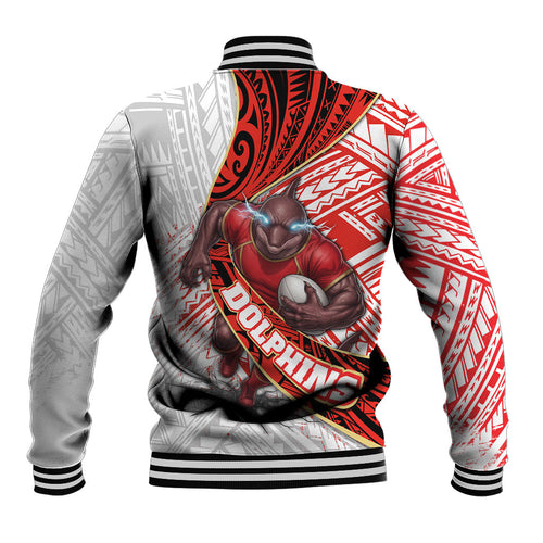 Redcliffe Dolphins NRL Rugby Baseball Jacket Tribal Polynesian Power Art - Lightning Mascot