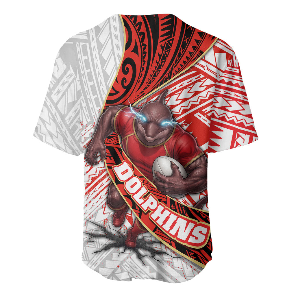 Redcliffe Dolphins NRL Rugby Baseball Jersey Tribal Polynesian Power Art - Lightning Mascot