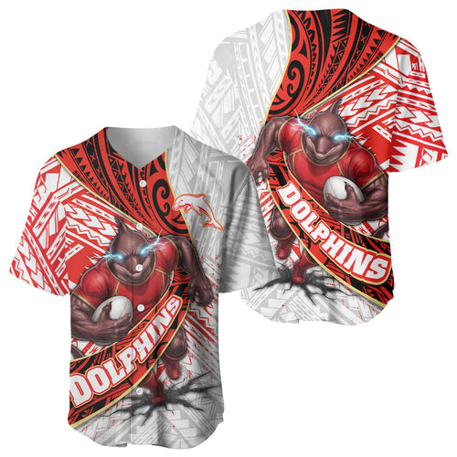 Redcliffe Dolphins NRL Rugby Baseball Jersey Tribal Polynesian Power Art - Lightning Mascot