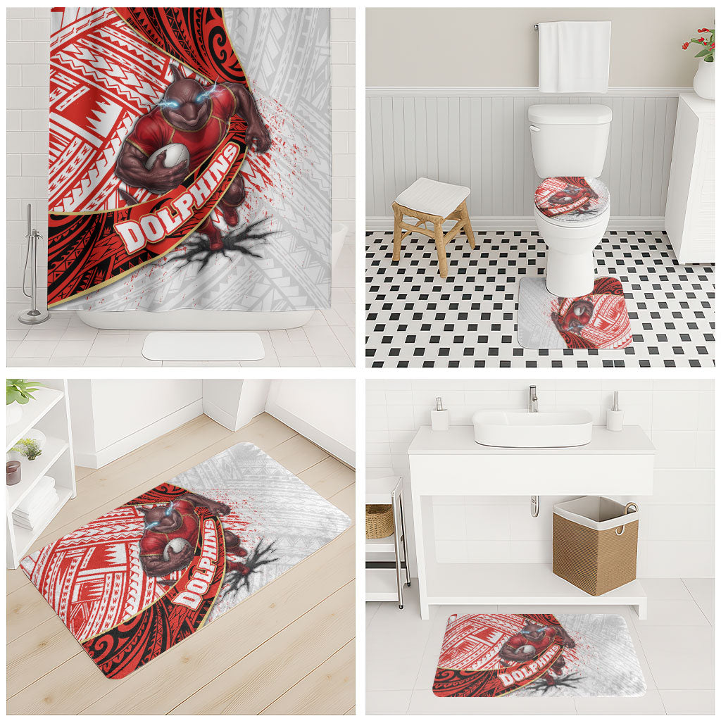 Redcliffe Dolphins NRL Rugby Bathroom Set Tribal Polynesian Power Art - Lightning Mascot