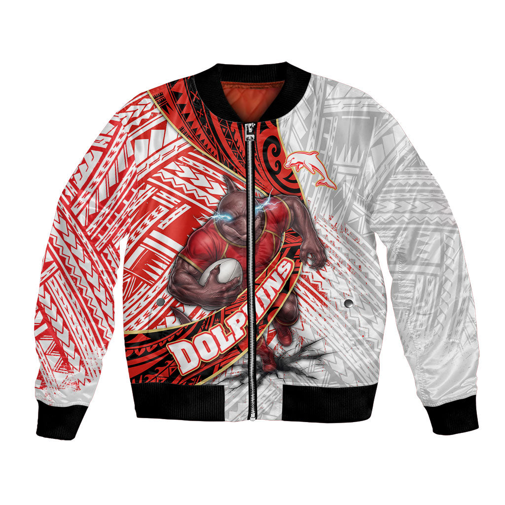Redcliffe Dolphins NRL Rugby Bomber Jacket Tribal Polynesian Power Art - Lightning Mascot