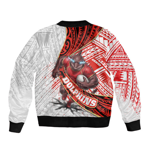 Redcliffe Dolphins NRL Rugby Bomber Jacket Tribal Polynesian Power Art - Lightning Mascot